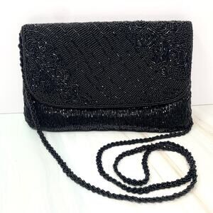 Vintage La Regal Hand Beaded Elegant Black Beaded Clutch Evening Bag Purse